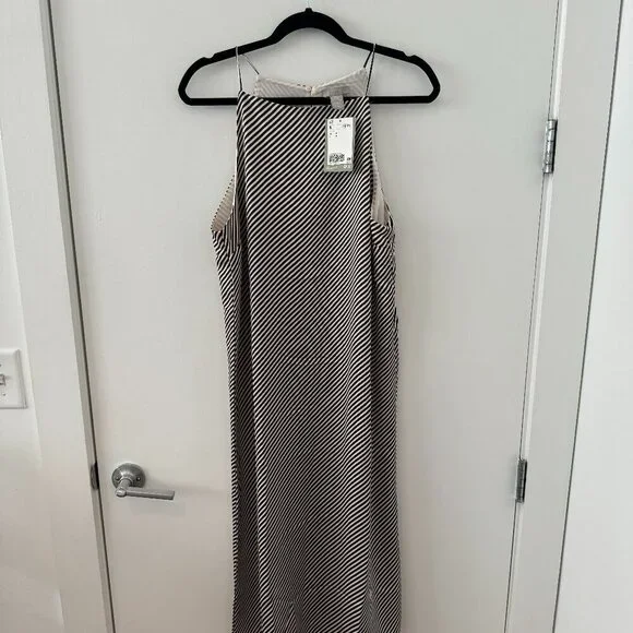 NWT H&M Navy and Off-White Striped Satin Dress - Size M - Picture 1 of 6